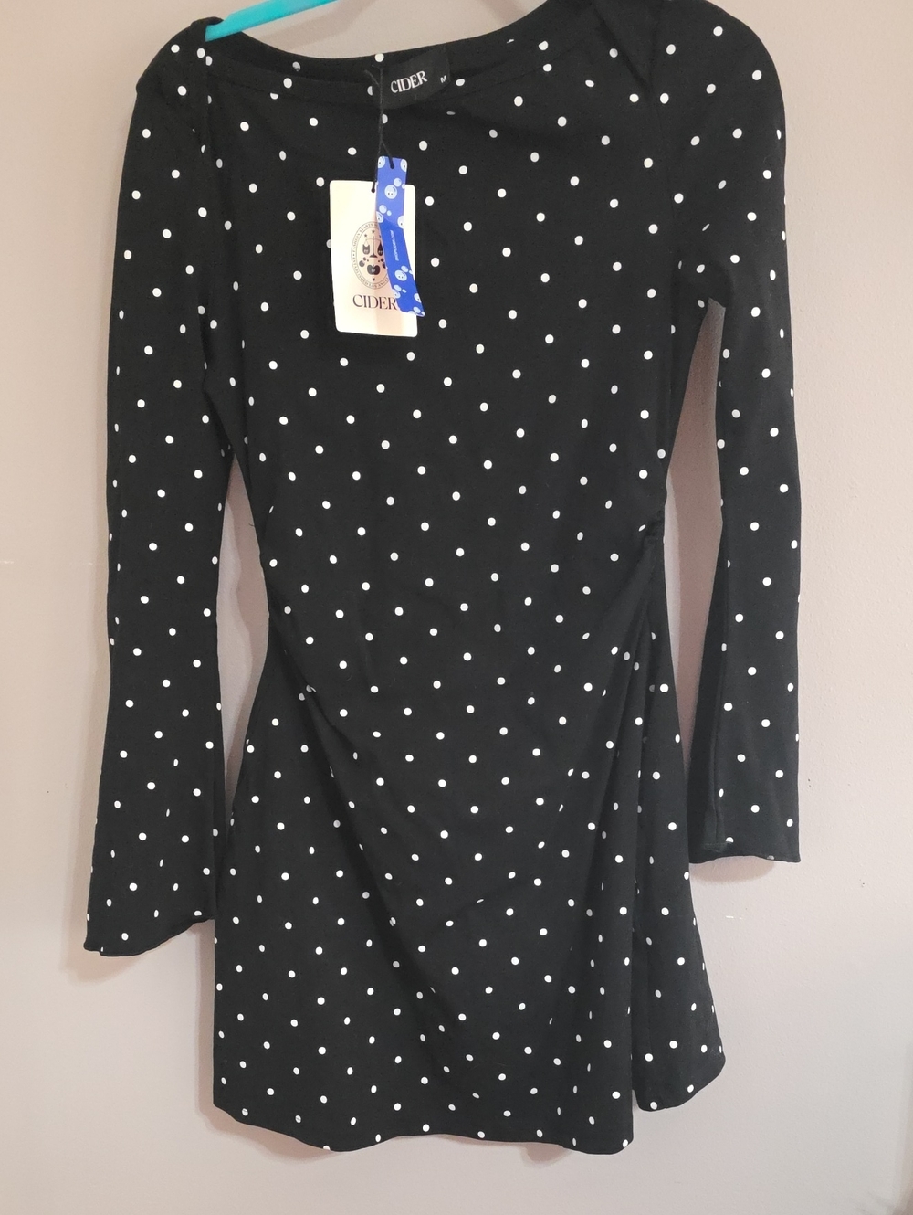 Cider Black & White Polka Dot Long-Sleeve Mini Dress M  Bell Sleeve NEW W/ Tags